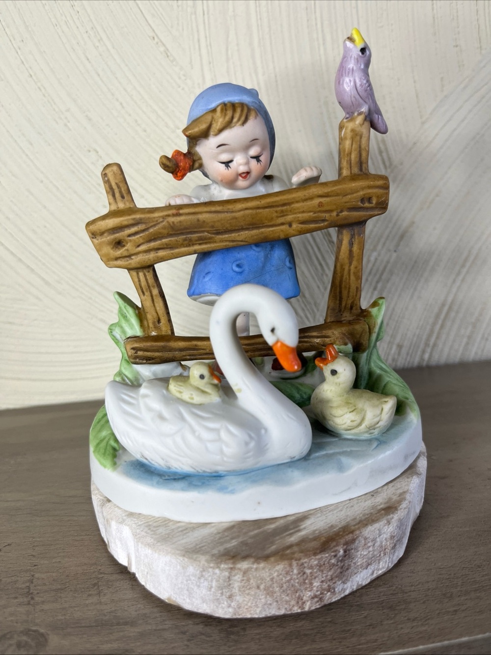 Cute Girl in Blue Figurine with White Swan Decorative Sculpture‎ Figurine